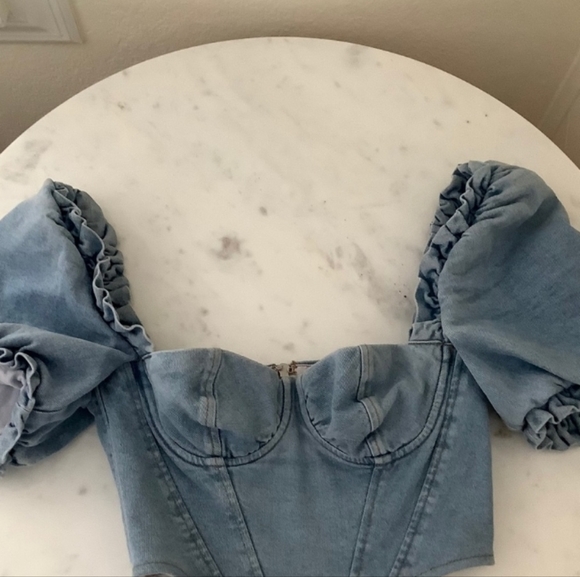 RARE House Of Cb Lulette Denim Corset Bustier Crop top With Puff Sleeves - Picture 4 of 5